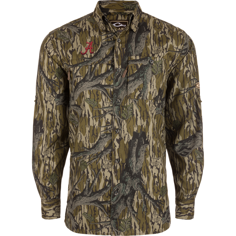 Alabama 8-Shot Long Sleeve Shirt in tree-bark camo, featuring University of Alabama logo, button-up design, and chest pockets with zippers, ideal for hunting.