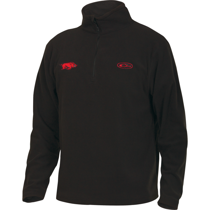 Arkansas Camp Fleece 1/4 Zip Pullover featuring a University of Arkansas embroidered logo on the right chest, ideal for layering on cool fall days.