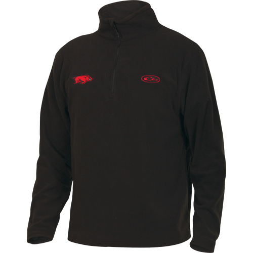 Arkansas Camp Fleece 1/4 Zip Pullover featuring a University of Arkansas embroidered logo on the right chest, ideal for layering on cool fall days.