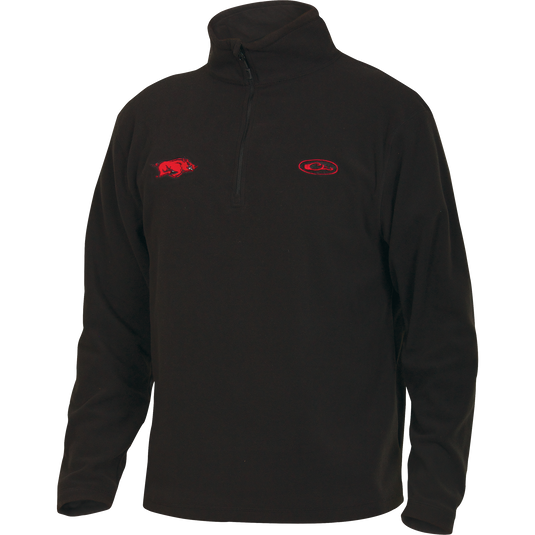 Arkansas Camp Fleece 1/4 Zip Pullover featuring a University of Arkansas embroidered logo on the right chest, ideal for layering on cool fall days.