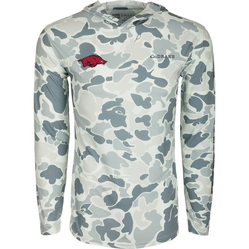 Arkansas Performance Long Sleeve Camo Hoodie with red pig logo on lightweight fabric, featuring built-in cooling, UPF 50, moisture-wicking, and quick-drying properties.