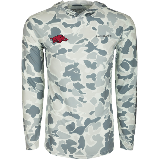 Arkansas Performance Long Sleeve Camo Hoodie with red pig logo on lightweight fabric, featuring built-in cooling, UPF 50, moisture-wicking, and quick-drying properties.