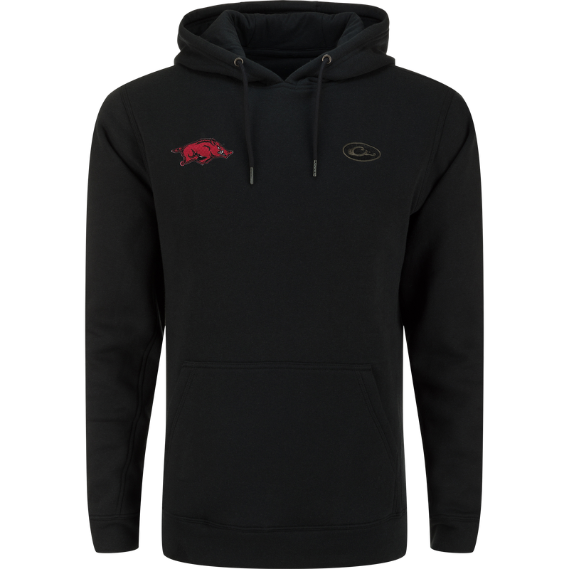 Arkansas Three End Hoodie featuring a kangaroo pocket, lined hood with drawstring, and logos of a razorback hog and Costa del Mar on the chest.