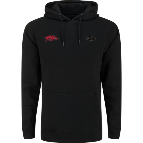 Arkansas Three End Hoodie featuring a kangaroo pocket, lined hood with drawstring, and logos of a razorback hog and Costa del Mar on the chest.