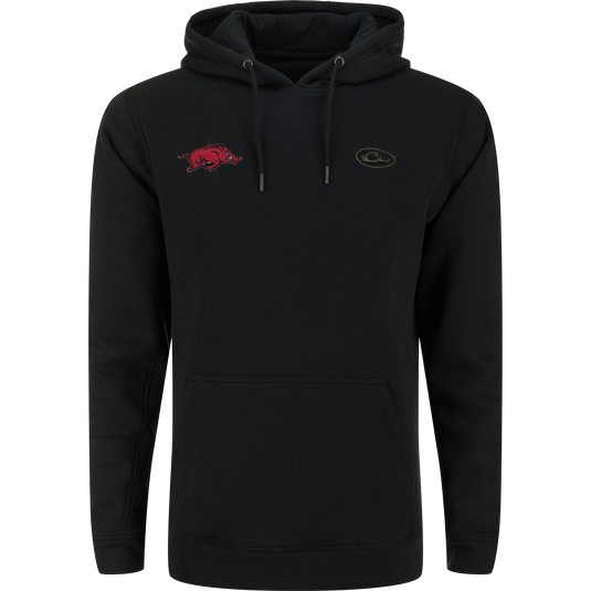 Arkansas Three End Hoodie featuring a kangaroo pocket, lined hood with drawstring, and logos of a razorback hog and Costa del Mar on the chest.