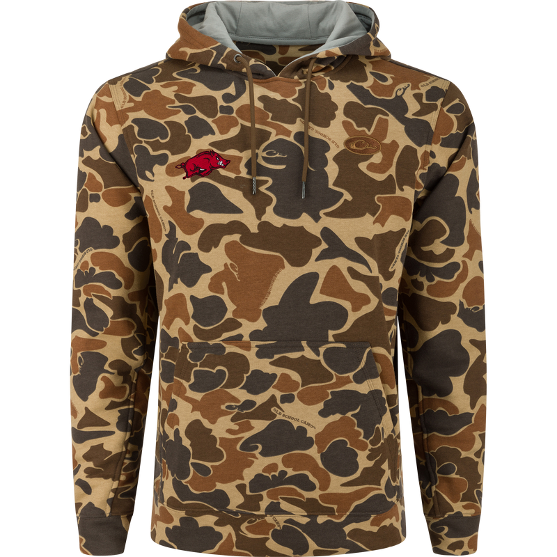 Arkansas Three End Hoodie in camouflage pattern with kangaroo pocket, adjustable hood, and small red razorback logo on chest, ideal for outdoor activities.
