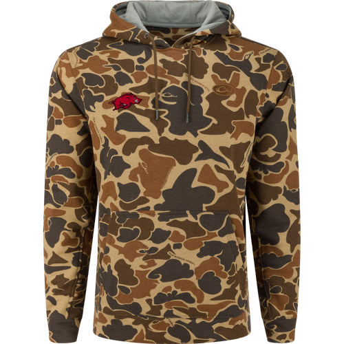 Arkansas Three End Hoodie in camouflage pattern with kangaroo pocket, adjustable hood, and small red razorback logo on chest, ideal for outdoor activities.