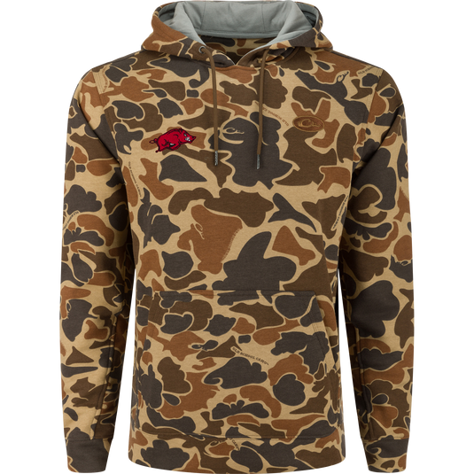 Arkansas Three End Hoodie in camouflage pattern with kangaroo pocket, adjustable hood, and small red razorback logo on chest, ideal for outdoor activities.