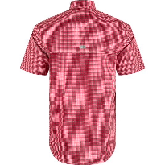 Arkansas Frat Gingham Short Sleeve Shirt: Lightweight, moisture-wicking performance fabric with hidden collar, vented cape back, and chest pockets.