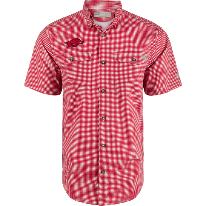 Arkansas Frat Gingham Short Sleeve Shirt with hidden button-down collar, vented cape back, and sculpted hem. Lightweight, moisture-wicking fabric with UPF30 sun protection.