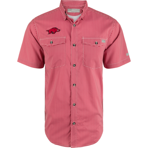 Arkansas Frat Gingham Short Sleeve Shirt with hidden button-down collar, vented cape back, and sculpted hem. Lightweight, moisture-wicking fabric with UPF30 sun protection.