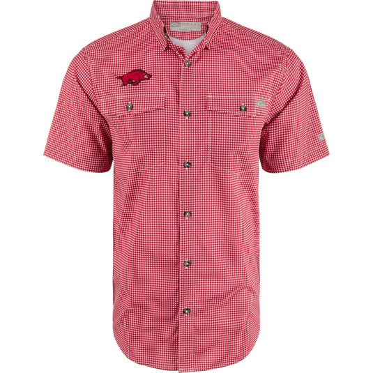 Arkansas Frat Gingham Short Sleeve Shirt with hidden button-down collar, vented cape back, and sculpted hem. Lightweight, moisture-wicking fabric with UPF30 sun protection.