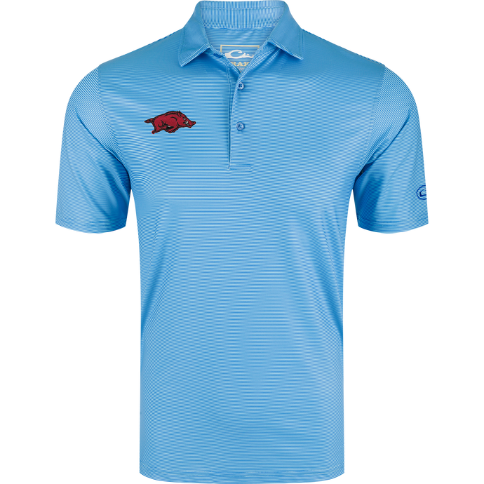Arkansas Chalk Stripe Polo featuring fine horizontal stripes, embroidered red razorback logo, three-button placket, and self-fabric collar, ideal for versatile, performance-focused wear.