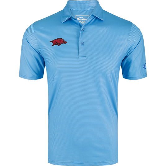 Arkansas Chalk Stripe Polo featuring fine horizontal stripes, embroidered red razorback logo, three-button placket, and self-fabric collar, ideal for versatile, performance-focused wear.