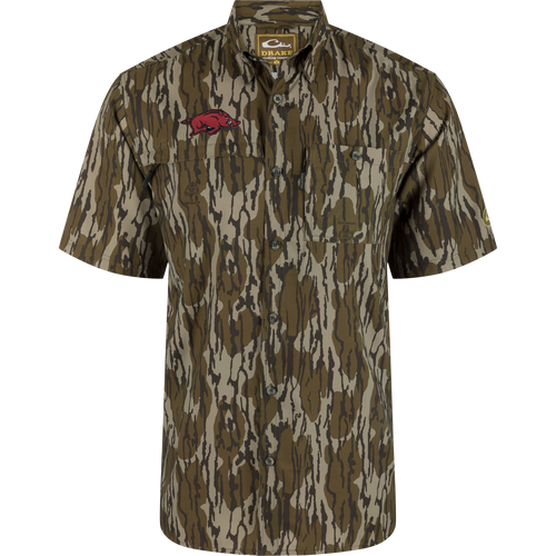 Arkansas 8-Shot Short Sleeve Shirt in camouflage, featuring chest pockets, razorback hog patch, and vented cape back, designed for moisture wicking and sun protection.