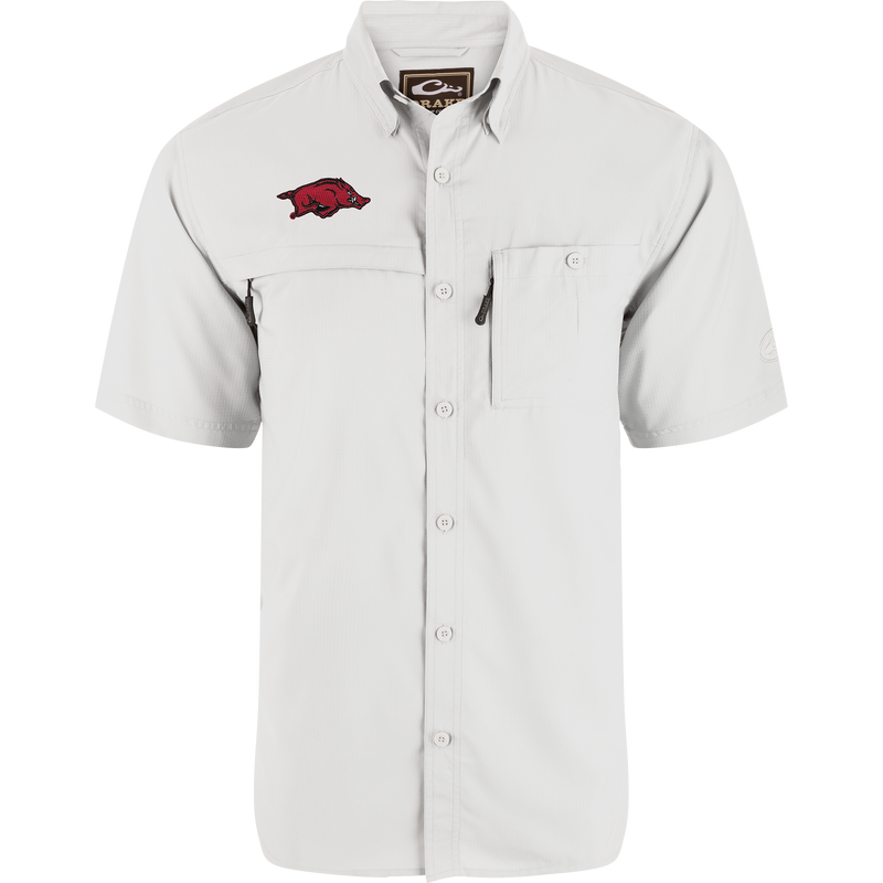 Arkansas 8-Shot Short Sleeve Shirt with red razorback logo, two chest pockets, hidden zippers, fold-down collar, ideal for hunting and casual wear.