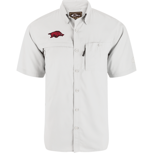 Arkansas 8-Shot Short Sleeve Shirt with red razorback logo, two chest pockets, hidden zippers, fold-down collar, ideal for hunting and casual wear.
