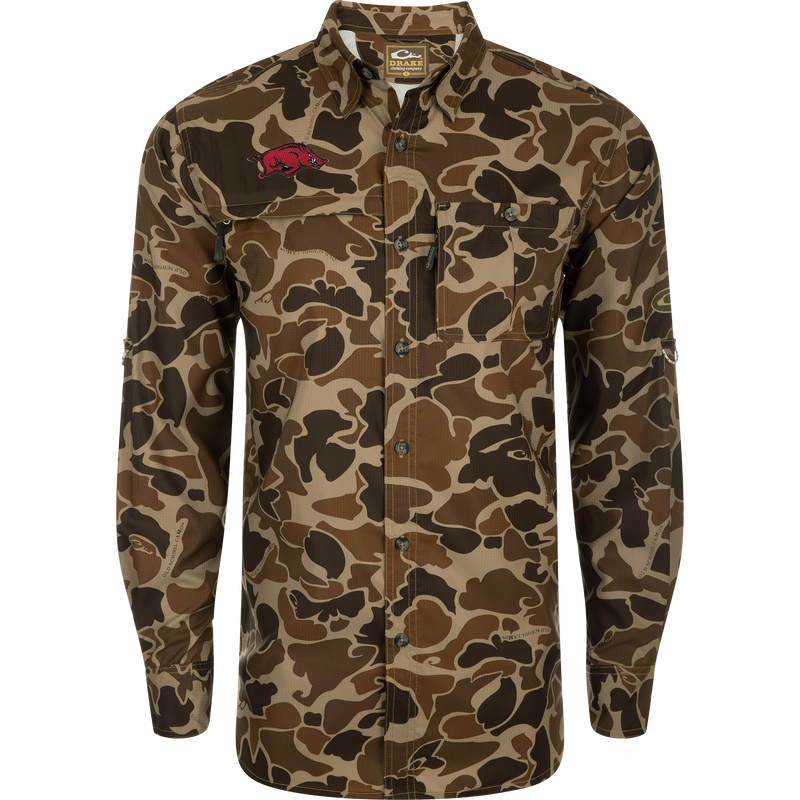 Arkansas 8-Shot Long Sleeve Shirt with camouflage pattern, two chest pockets, embroidered logo, roll-up sleeves, vented cape back, and split tail hem.