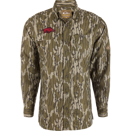 Arkansas 8-Shot Long Sleeve Shirt in bark camo with Razorback logo, features moisture-wicking Dobby fabric, hidden zipper pockets, and UPF 30 sun protection.