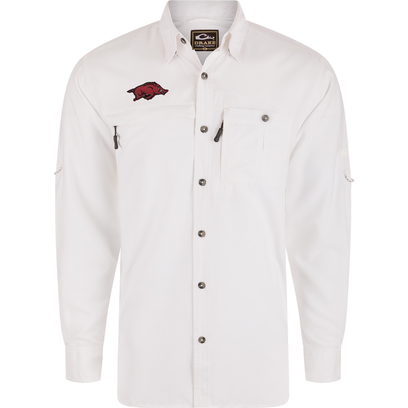 Arkansas 8-Shot Long Sleeve Shirt featuring dual chest pockets, embroidered logo, and hidden zippers designed for comfort and performance by Drake Clothing Company.