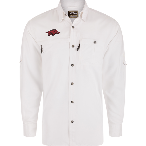 Arkansas 8-Shot Long Sleeve Shirt featuring dual chest pockets, embroidered logo, and hidden zippers designed for comfort and performance by Drake Clothing Company.
