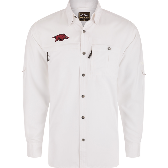 Arkansas 8-Shot Long Sleeve Shirt featuring dual chest pockets, embroidered logo, and hidden zippers designed for comfort and performance by Drake Clothing Company.