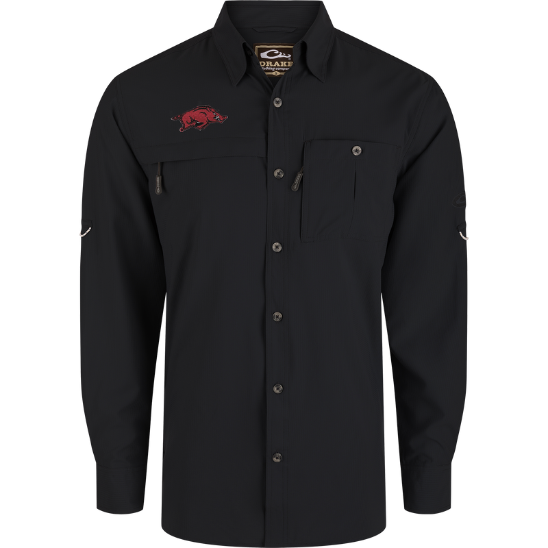 Arkansas 8-Shot Long Sleeve Shirt in black, featuring a point collar, two chest pockets, embroidered Razorback logo, and Drake branding, ideal for outdoor activities.