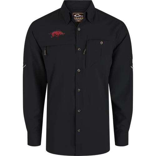 Arkansas 8-Shot Long Sleeve Shirt in black, featuring a point collar, two chest pockets, embroidered Razorback logo, and Drake branding, ideal for outdoor activities.