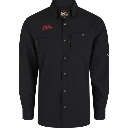 Arkansas 8-Shot Long Sleeve Shirt in black, featuring a point collar, two chest pockets, embroidered Razorback logo, and Drake branding, ideal for outdoor activities.