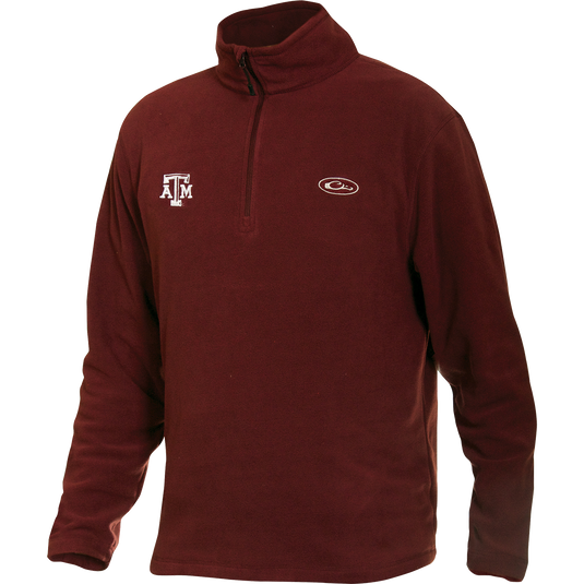 Texas A&M Camp Fleece 1/4 Zip Pullover with embroidered logo, showcasing its midweight micro-fleece build and anti-pill finish, ideal for layering on cool days.