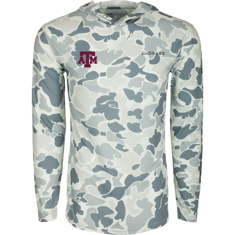 Texas A&M Performance Long Sleeve Camo Hoodie: Functional and versatile hoodie with logo, cooling fabric, UPF 50, moisture-wicking, and quick-drying features. Lightweight for year-round wear.