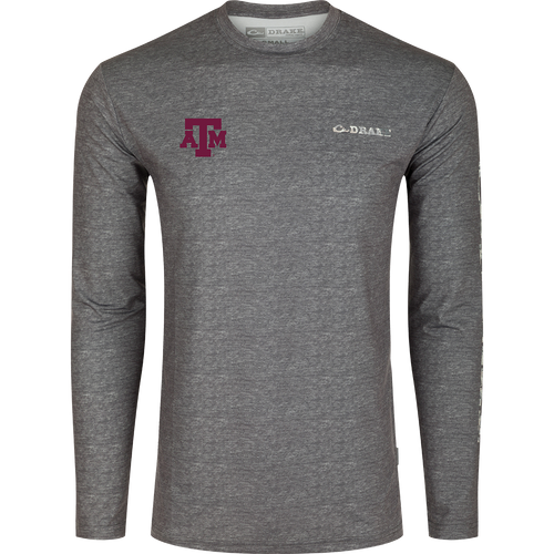 Texas A&M Performance Heather Long Sleeve Crew, a functional and lightweight shirt with cooling, stretch, and moisture-wicking features. Ideal for Autumn afternoons.