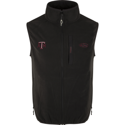 Texas A&M Camp Fleece Vest with logo embroidery on right chest. Windproof, water resistant, ultra-warm fleece. Stand-up collar, Magnattach™ pocket, hand warmer pockets.