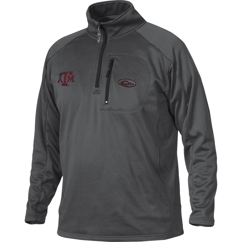 A grey jacket with Texas A&M logo embroidery on the right chest, perfect for active outdoorsmen. Made of 100% polyester with 4-way stretch and square check fleece backing for comfort and breathability. Features a vertical front chest zippered pocket.