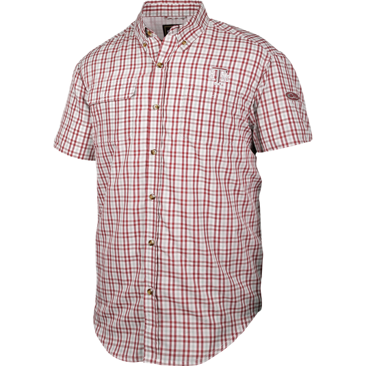 Texas A&M Gingham Plaid Wingshooter's Shirt S/S with vented mesh back and large chest pocket, designed for comfort and breathability, ideal for outdoor activities.