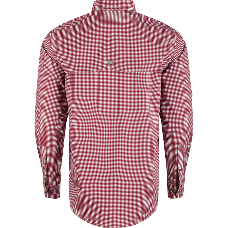 Texas A&M Frat Gingham Long Sleeve Shirt with hidden collar, chest pockets, and adjustable sleeves. Lightweight, stretchy, and moisture-wicking.