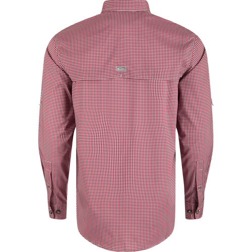 Texas A&M Frat Gingham Long Sleeve Shirt with hidden collar, chest pockets, and adjustable sleeves. Lightweight, stretchy, and moisture-wicking.
