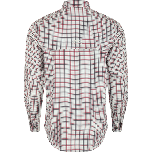 Texas A&M Frat Tattersall Long Sleeve Shirt - Back view of a plaid shirt with hidden button-down collar, vented cape back, and two button-through flap chest pockets.