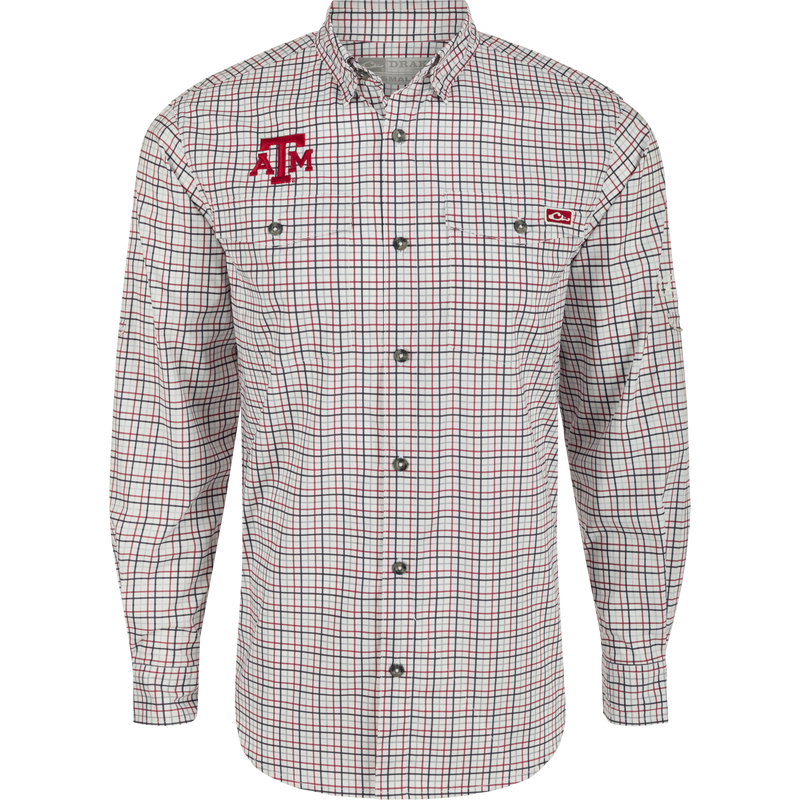 Texas A&M Frat Tattersall Long Sleeve Shirt with logo, hidden collar, and chest pockets. Lightweight, stretchy, and UPF30 sun protection.