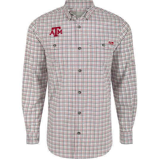 Texas A&M Frat Tattersall Long Sleeve Shirt with logo, hidden collar, and chest pockets. Lightweight, stretchy, and UPF30 sun protection.