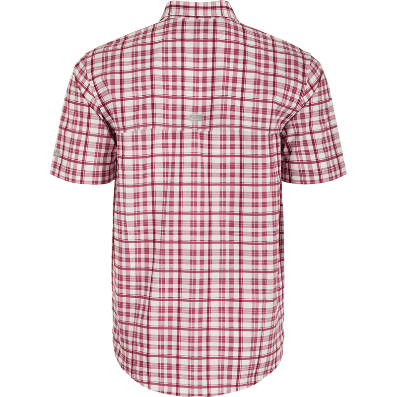 Texas A&M Hunter Creek Windowpane Plaid Shirt, back view, lightweight polyester fabric, hidden button-down collar, vented cape back, two chest pockets.