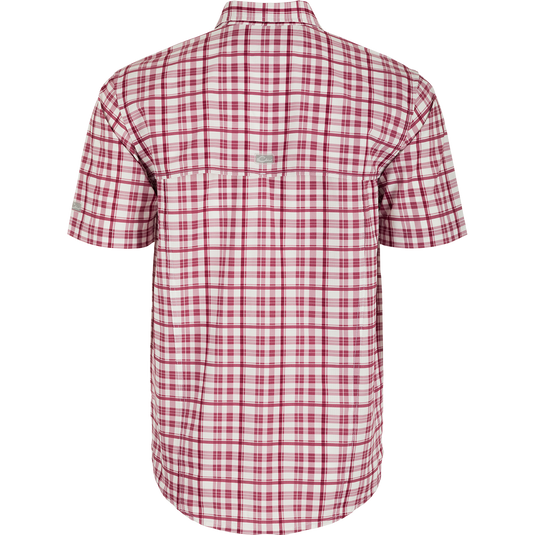 Texas A&M Hunter Creek Windowpane Plaid Shirt, back view, lightweight polyester fabric, hidden button-down collar, vented cape back, two chest pockets.