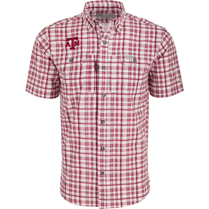 Texas A&M Hunter Creek Windowpane Plaid Shirt, featuring lightweight polyester fabric, hidden button-down collar, and vented cape back.