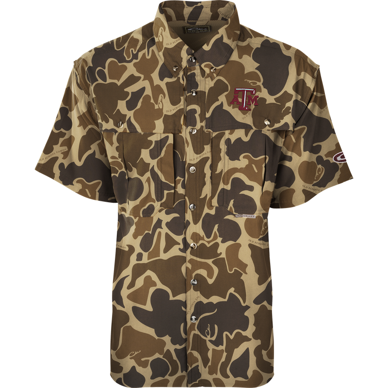 Texas A&M S/S Flyweight Wingshooter shirt features a camouflage pattern, vented back design, and logo, ideal for warm-weather outdoor activities.