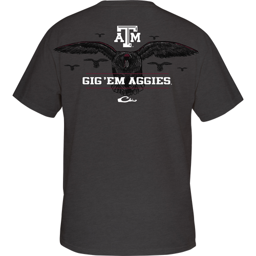 Texas A&M Cupped Up T-Shirt: Back artwork of a stylized duck scene with other ducks in the background, featuring your school's logo and catchphrase. Front left chest displays the Drake logo in your school's color.