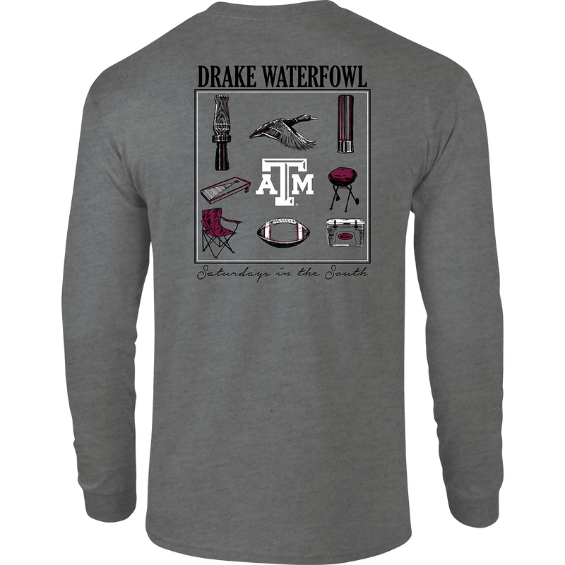 Texas A&M Sportsman T-Shirt: A long-sleeved grey shirt with a graphic design showcasing items used on 