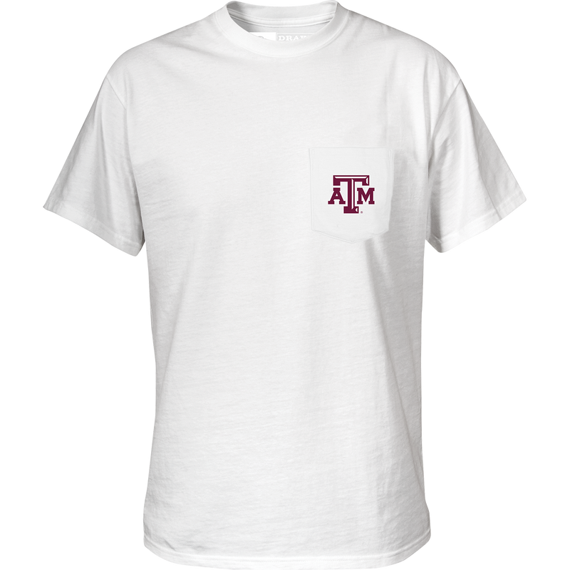 Texas A&M Drake Lure T-Shirt featuring a front pocket with school logo and a back graphic of a spinnerbait fishing lure.