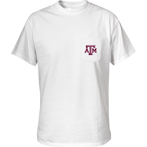 Texas A&M Drake Lure T-Shirt featuring a front pocket with school logo and a back graphic of a spinnerbait fishing lure.