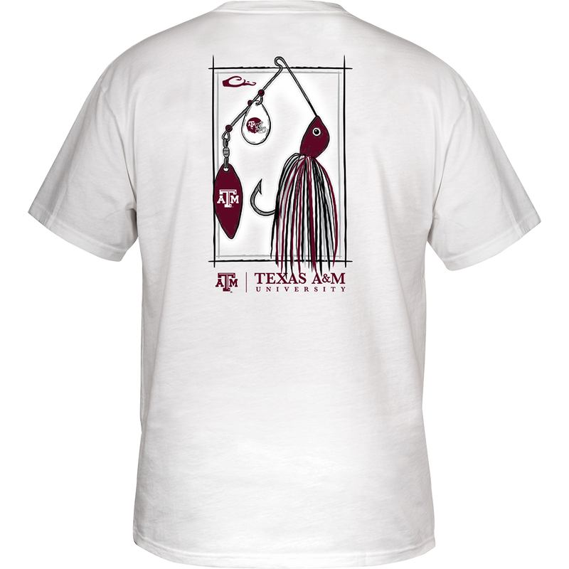 Texas A&M Drake Lure T-Shirt featuring a graphic of a spinnerbait fishing lure and school logo on the back, with a front pocket logo.