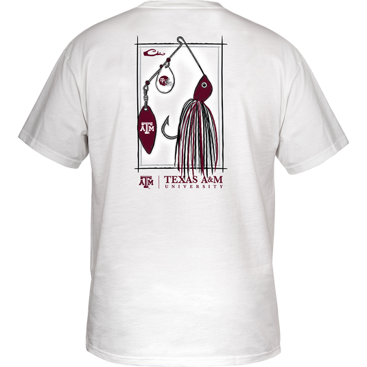 Texas A&M Drake Lure T-Shirt featuring a graphic of a spinnerbait fishing lure and school logo on the back, with a front pocket logo.